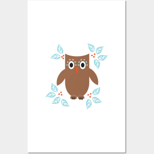 Cute chocolate brown baby owl with berries and leaves Posters and Art